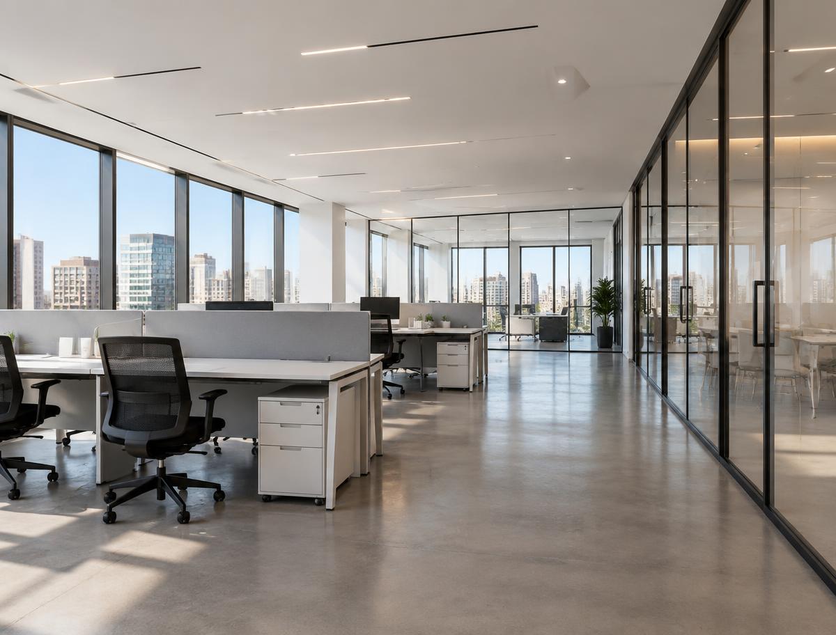 Clean open-plan office workspace